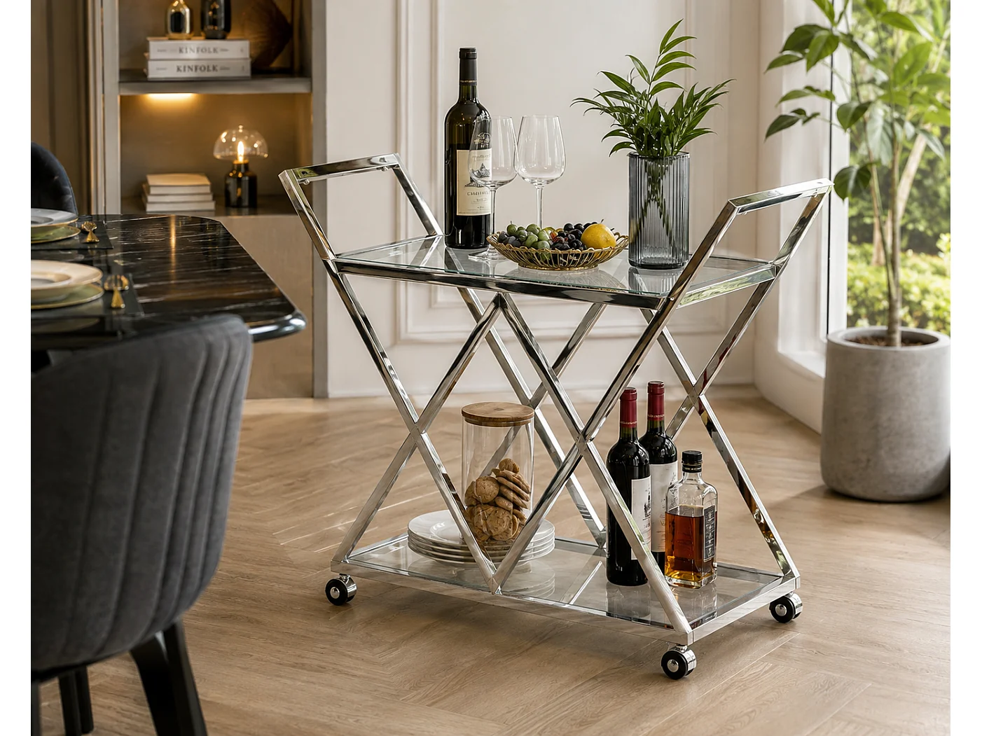 Chariot TRIANGLE Chrome & Verre Transparent – 60x40x75 cm