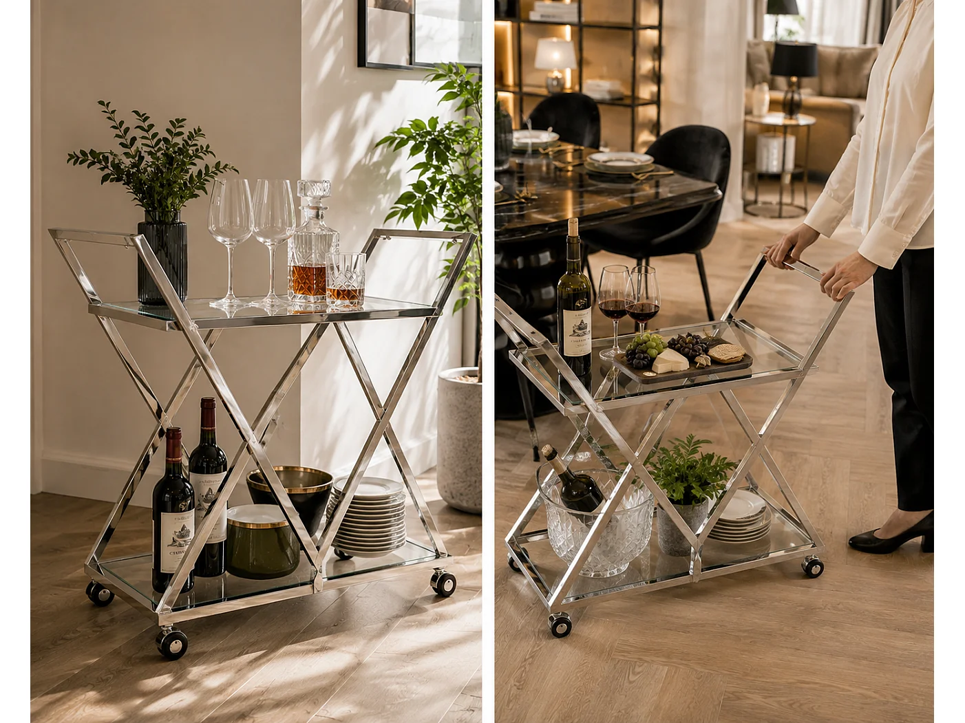 Chariot TRIANGLE Chrome & Verre Transparent – 60x40x75 cm