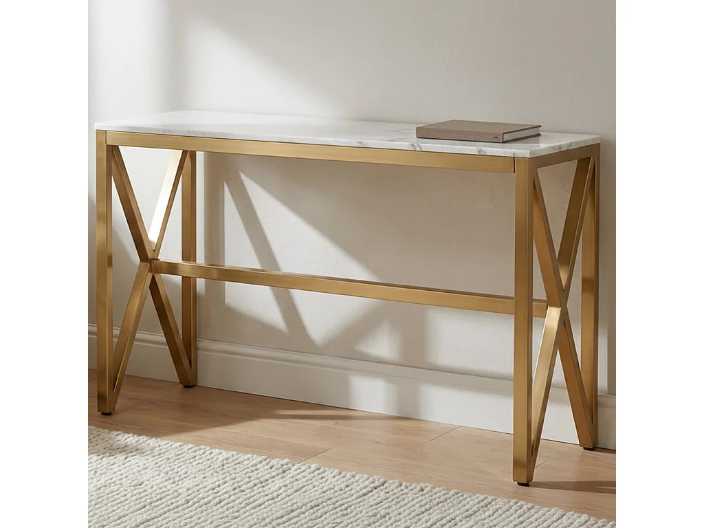 Console métal gold plateau en verre effet marbré blanc 120x40x78 cm MAJESTIQUE