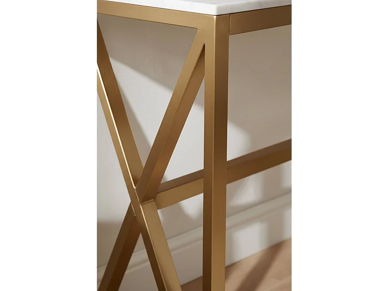 Console métal gold plateau en verre effet marbré blanc 120x40x78 cm MAJESTIQUE