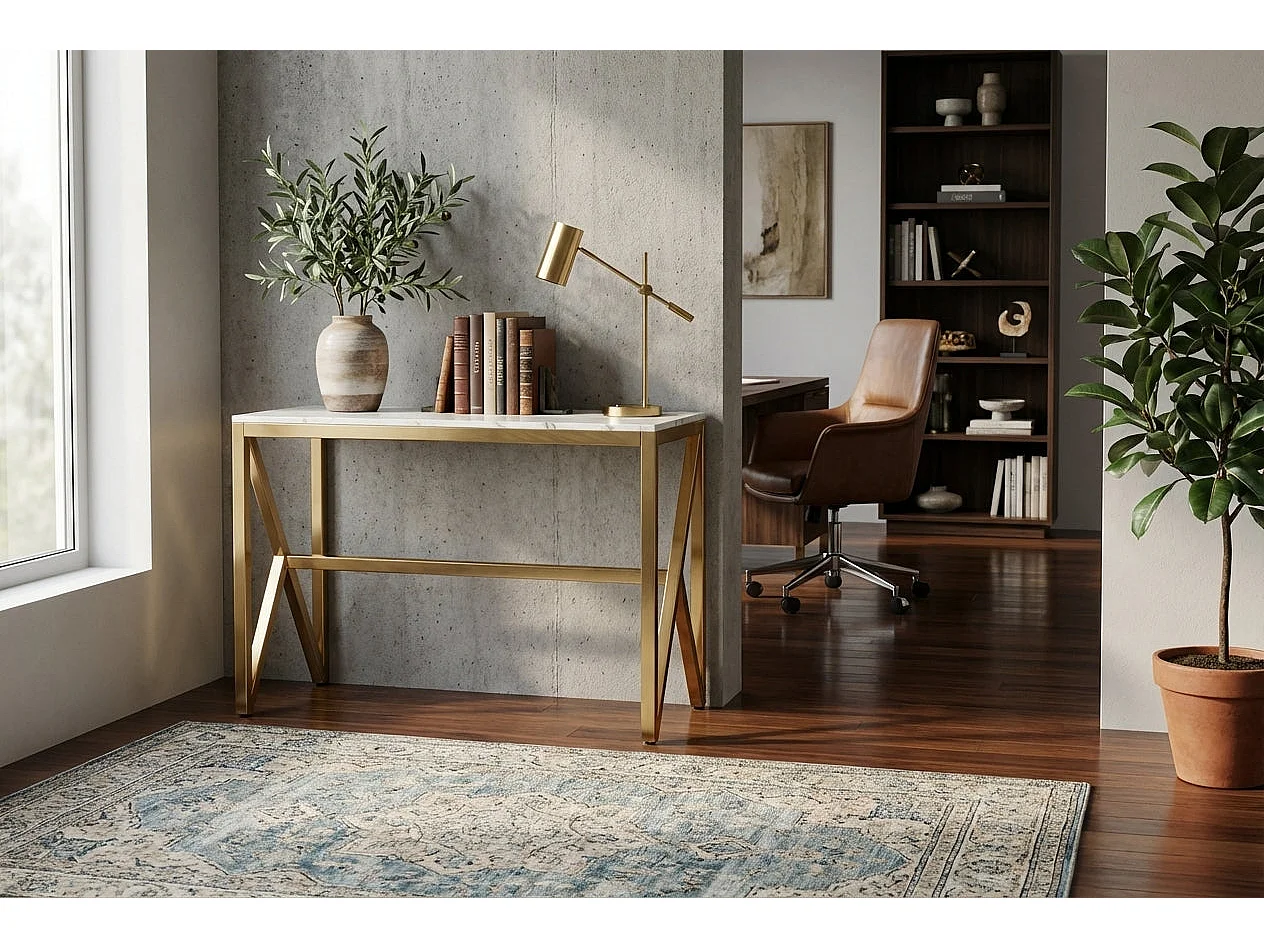 Console métal gold plateau en verre effet marbré blanc 120x40x78 cm MAJESTIQUE