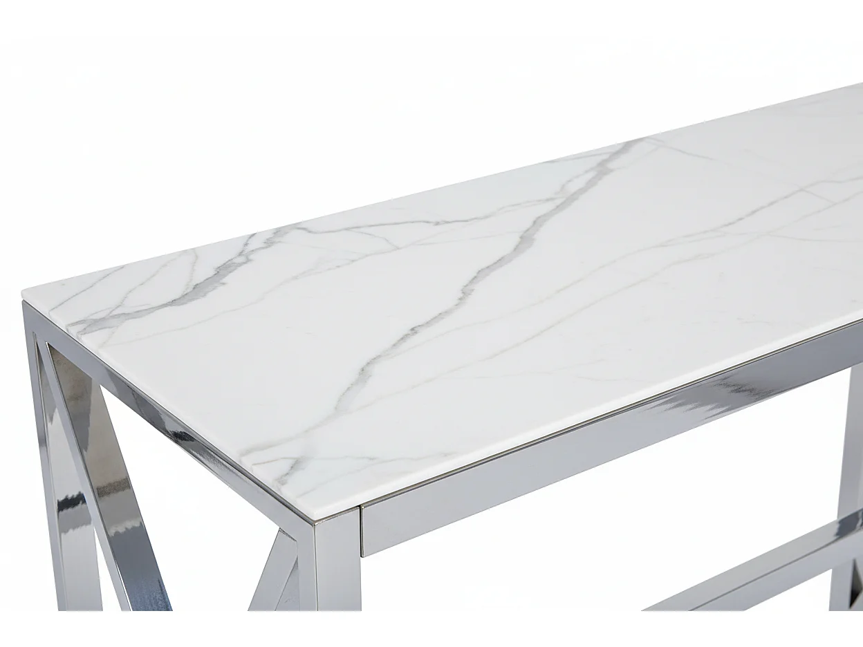 Console métal chrome lignes cintrées plateau effet marbre 120cm MAJESTIQUE