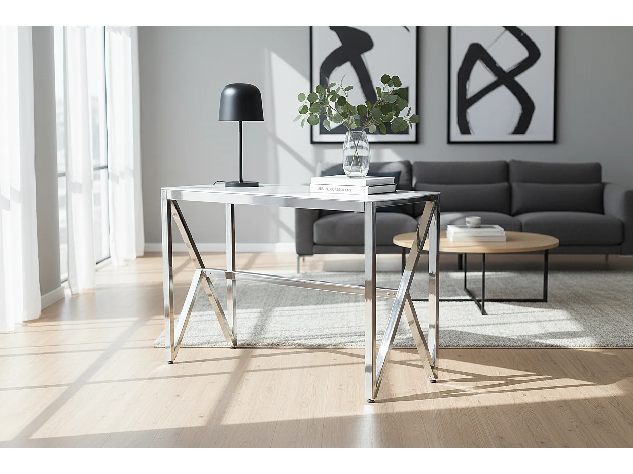 Console métal chrome lignes cintrées plateau effet marbre 120cm MAJESTIQUE