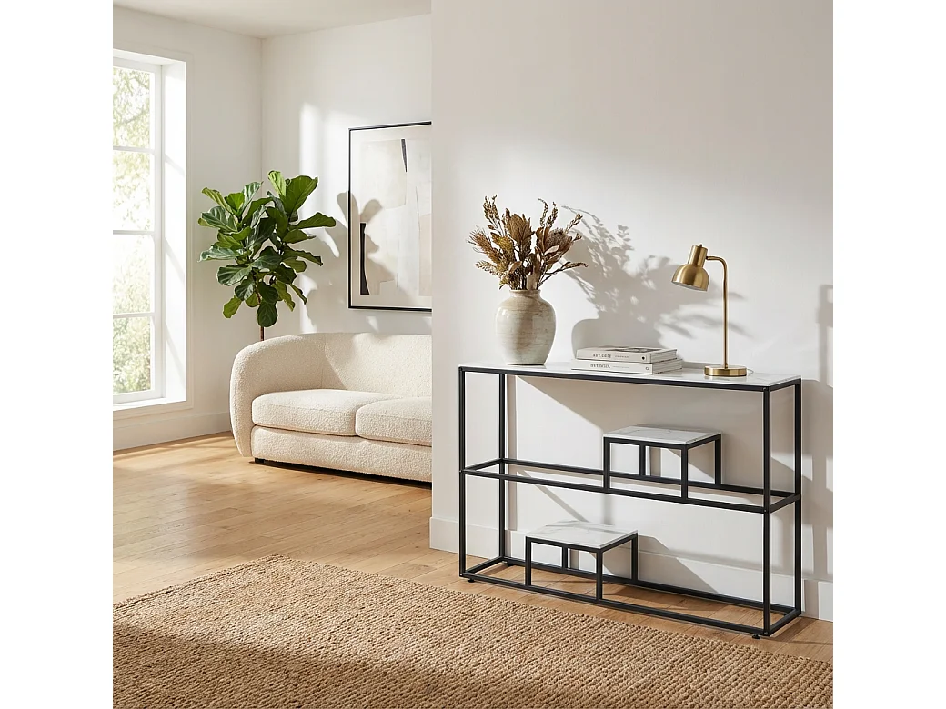 Console métal plateau effet marbre blanc 120 cm ROMY