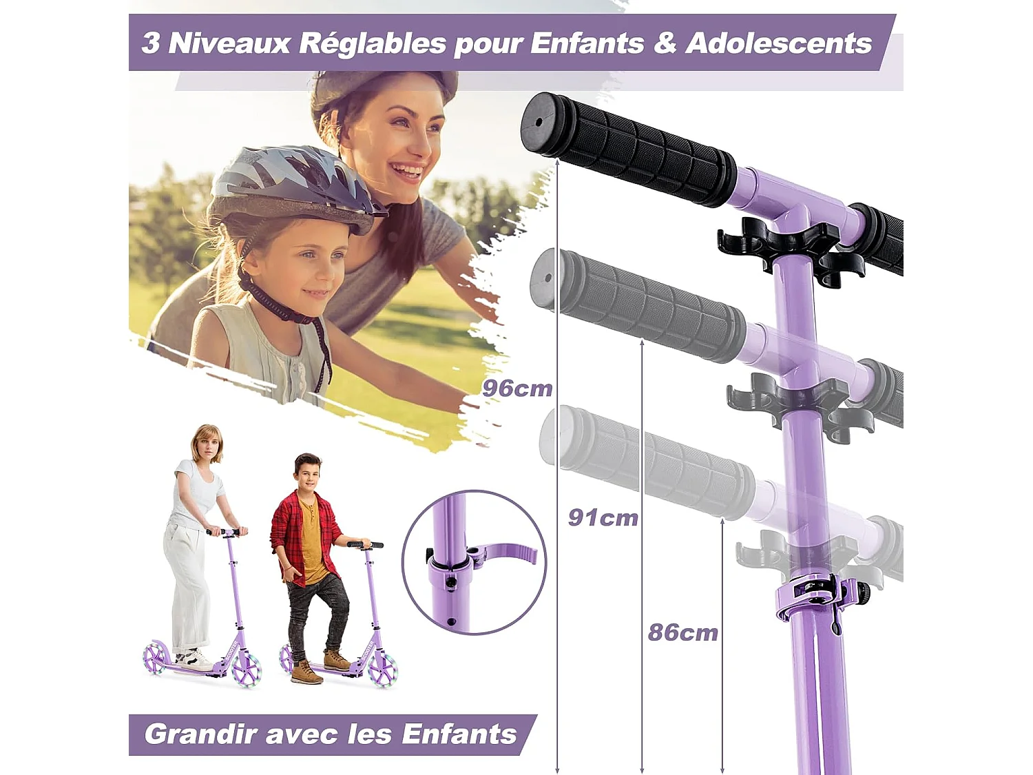 Trottinette Enfant Pliable avec 2 Roues Clignotantes & Guidon Réglable Charge 110kg