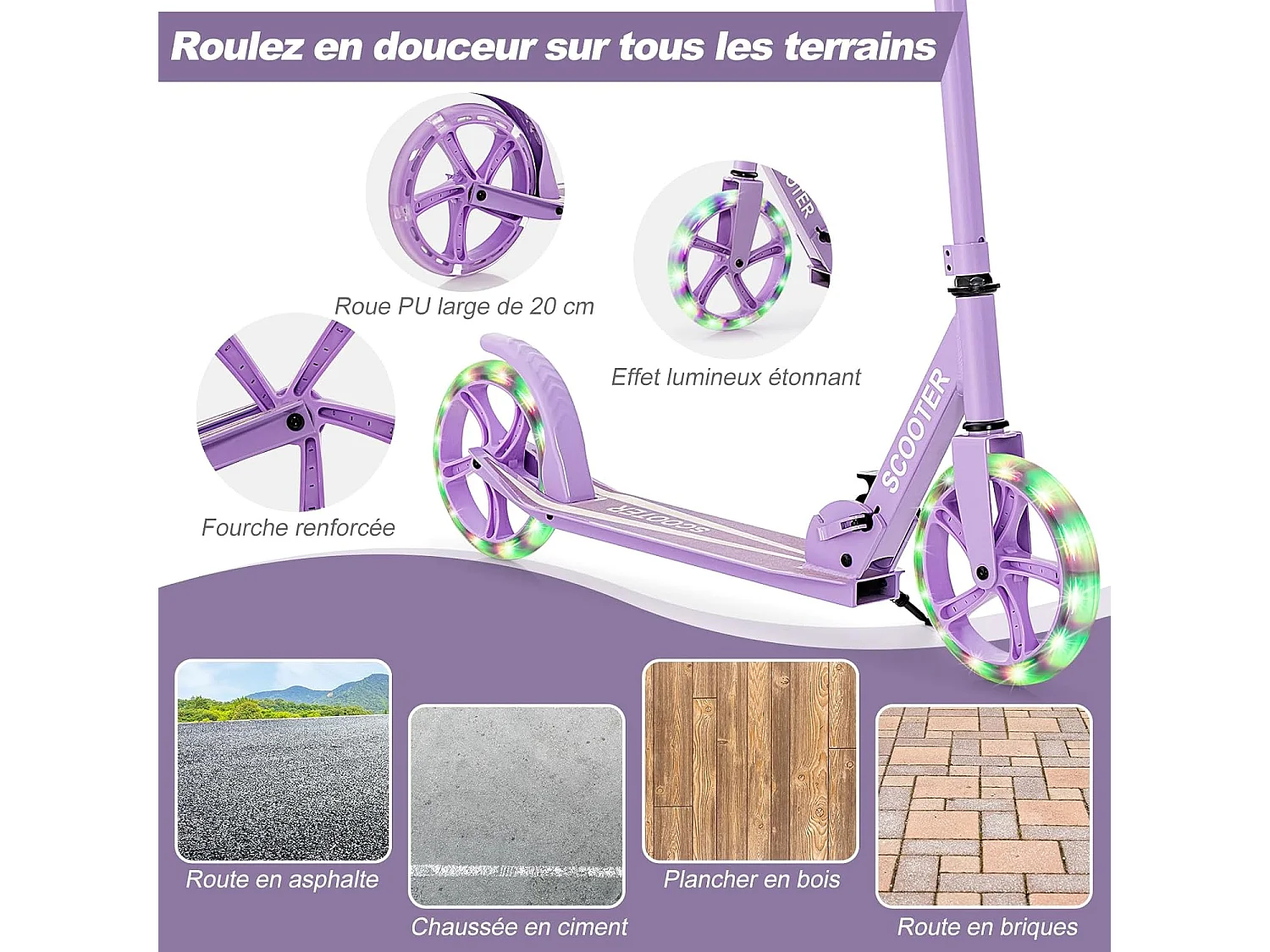 Trottinette Enfant Pliable avec 2 Roues Clignotantes & Guidon Réglable Charge 110kg