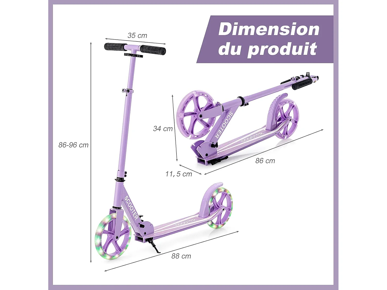 Trottinette Enfant Pliable avec 2 Roues Clignotantes & Guidon Réglable Charge 110kg