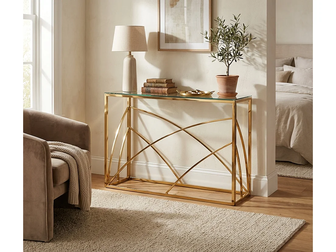 Console métal gold plateau verre transparent 120x40x78 cm - CALVIN