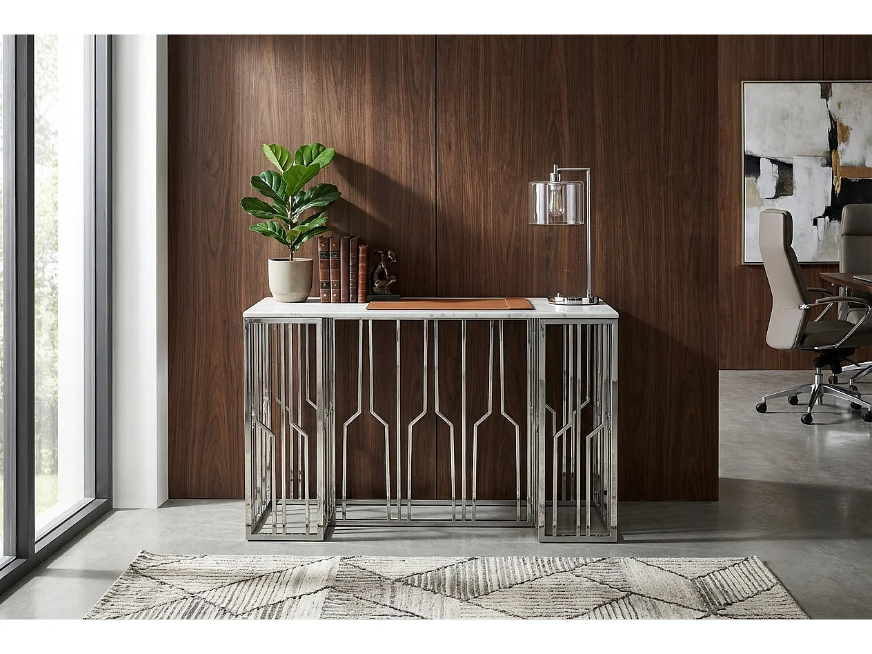 Console effet marbre blanc structure métal chrome 120x40x78 cm PORTOFINO