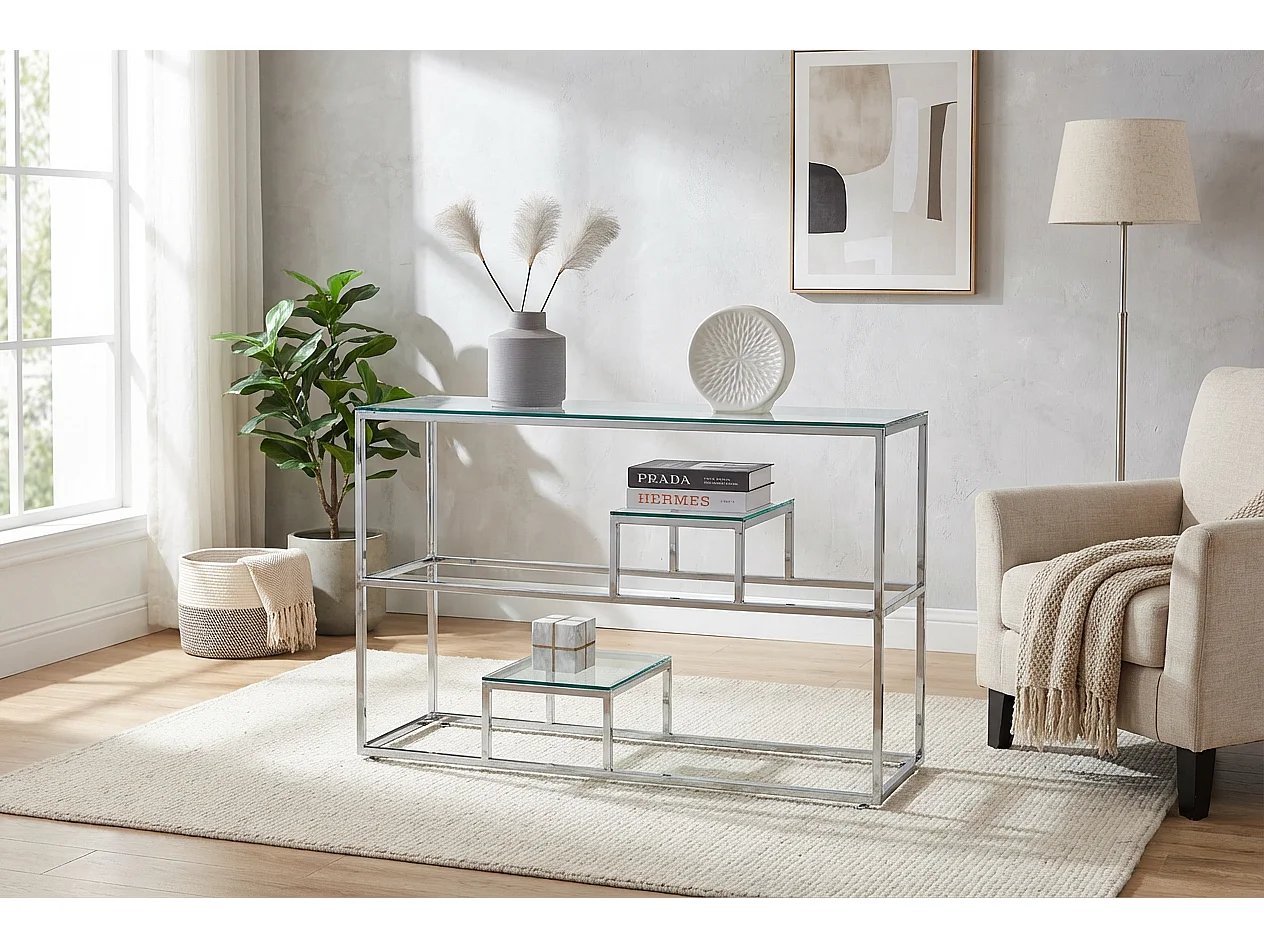 Console métal chrome plateau transparent 120x40x78 cm ROMY