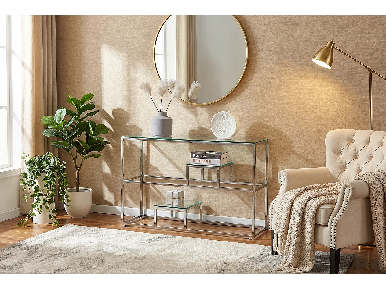 Console métal chrome plateau transparent 120x40x78 cm ROMY
