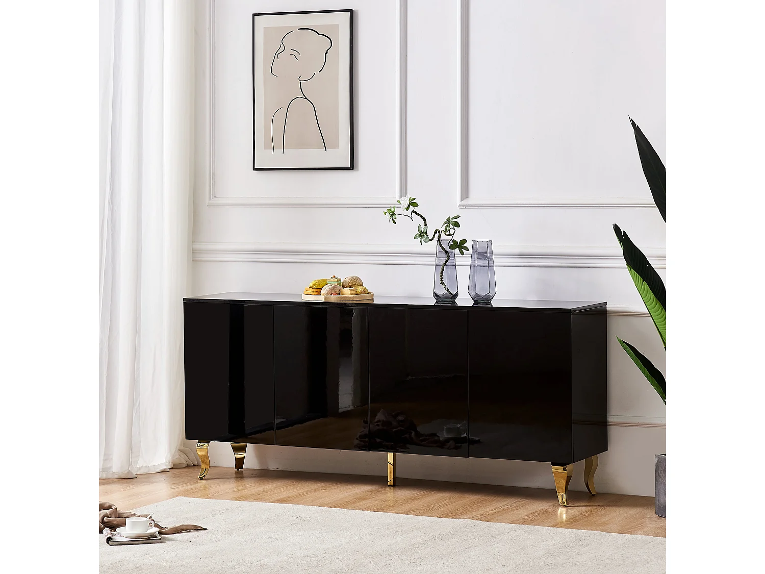 Buffet BAROQUE – Laqué Noir Pieds Dorée – 4 Portes – 180x40x80 cm