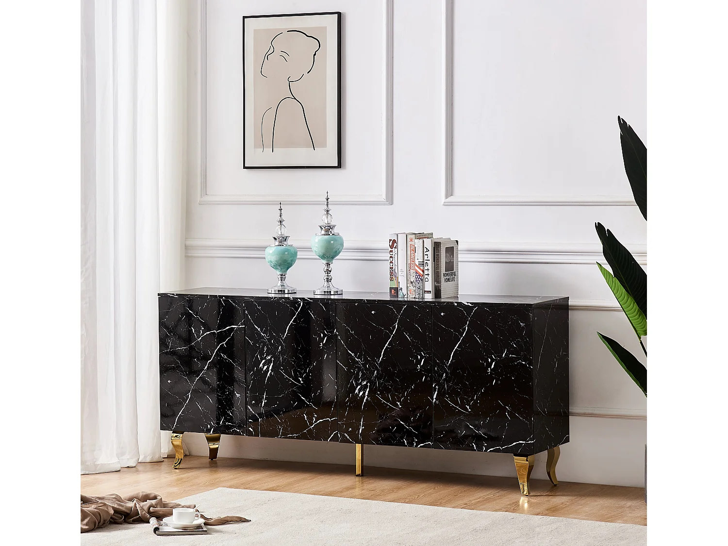 Buffet BAROQUE – Laqué Marbre Noir Pieds Doré – 4 Portes – 180x40x80 cm
