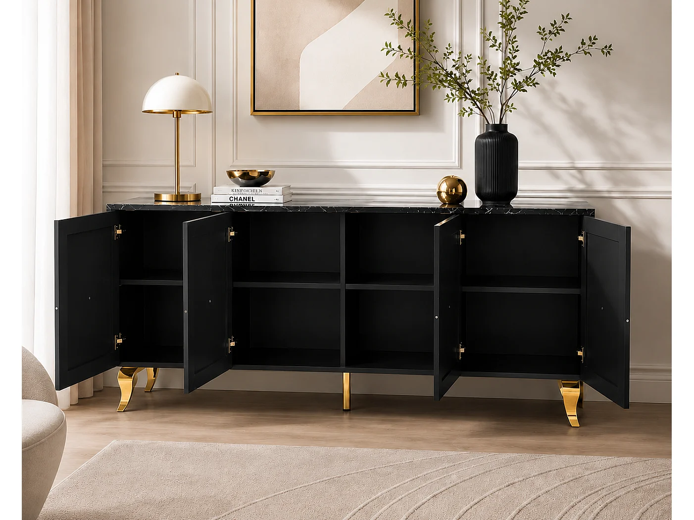 Buffet BAROQUE – Laqué Marbre Noir Pieds Doré – 4 Portes – 180x40x80 cm