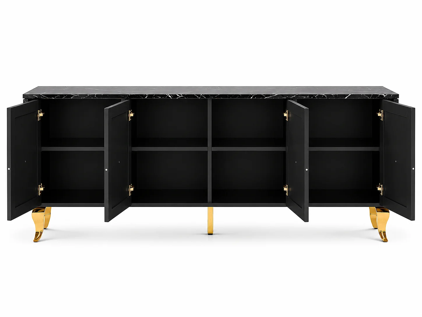 Buffet BAROQUE – Laqué Marbre Noir Pieds Doré – 4 Portes – 180x40x80 cm