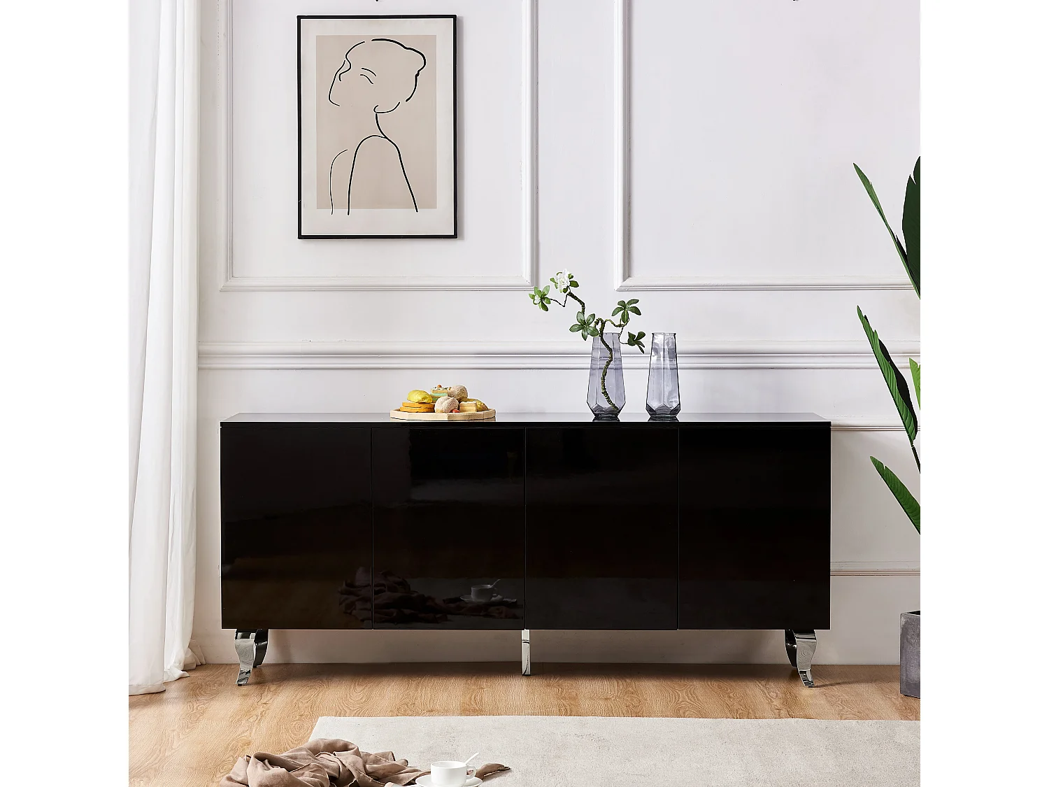 Buffet BAROQUE – Laqué Noir Pieds chrome – 4 Portes – 180x40x80 cm
