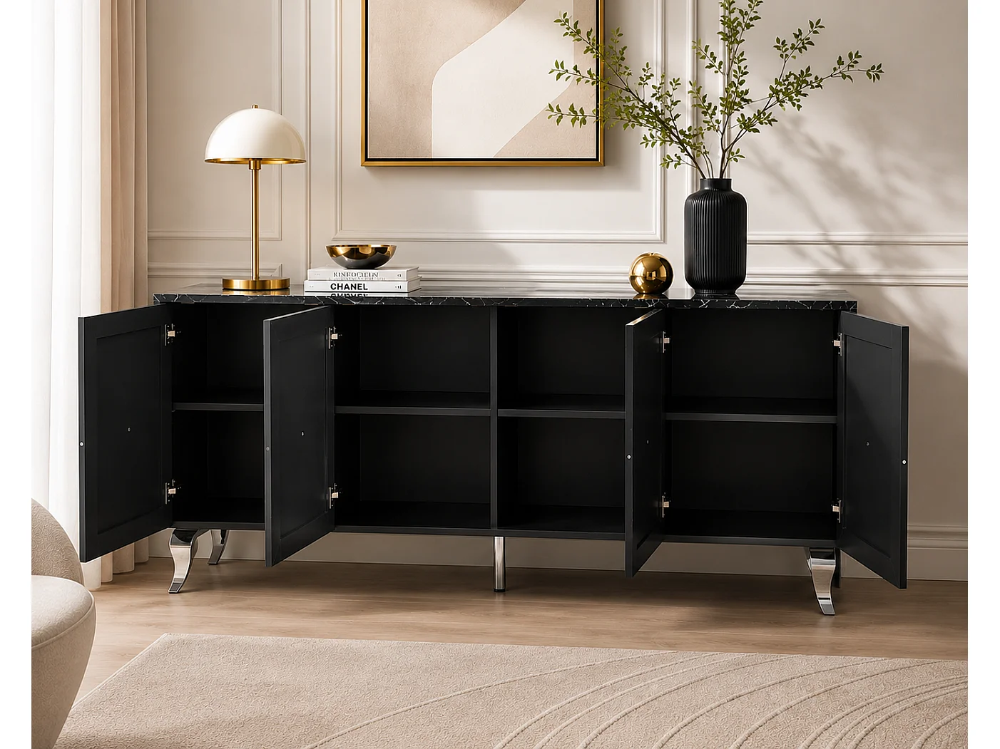 Buffet BAROQUE – Laqué Noir Pieds chrome – 4 Portes – 180x40x80 cm