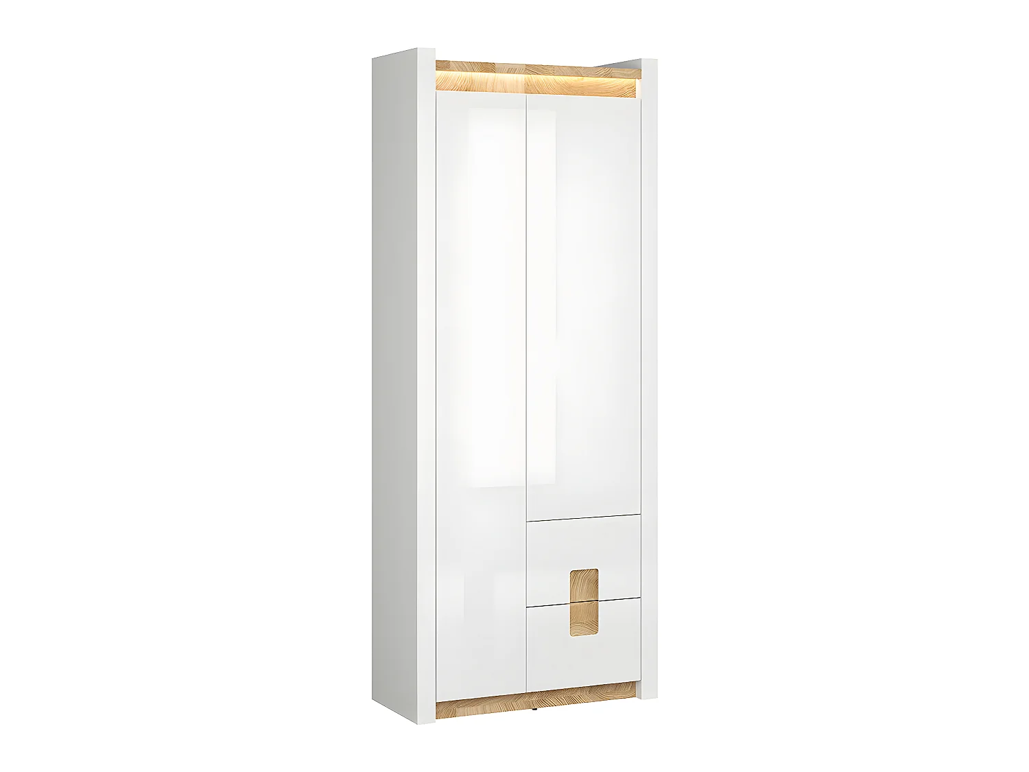 Armoire 2 portes 2 tiroirs avec LED Helios Blanc laqué et Bois