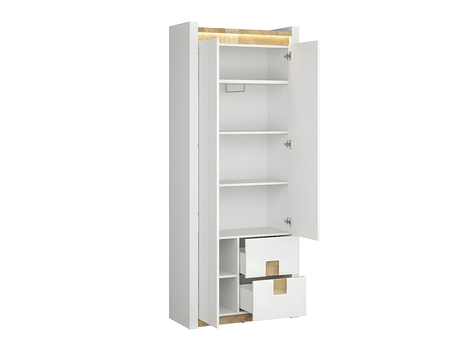 Armoire 2 portes 2 tiroirs avec LED Helios Blanc laqué et Bois