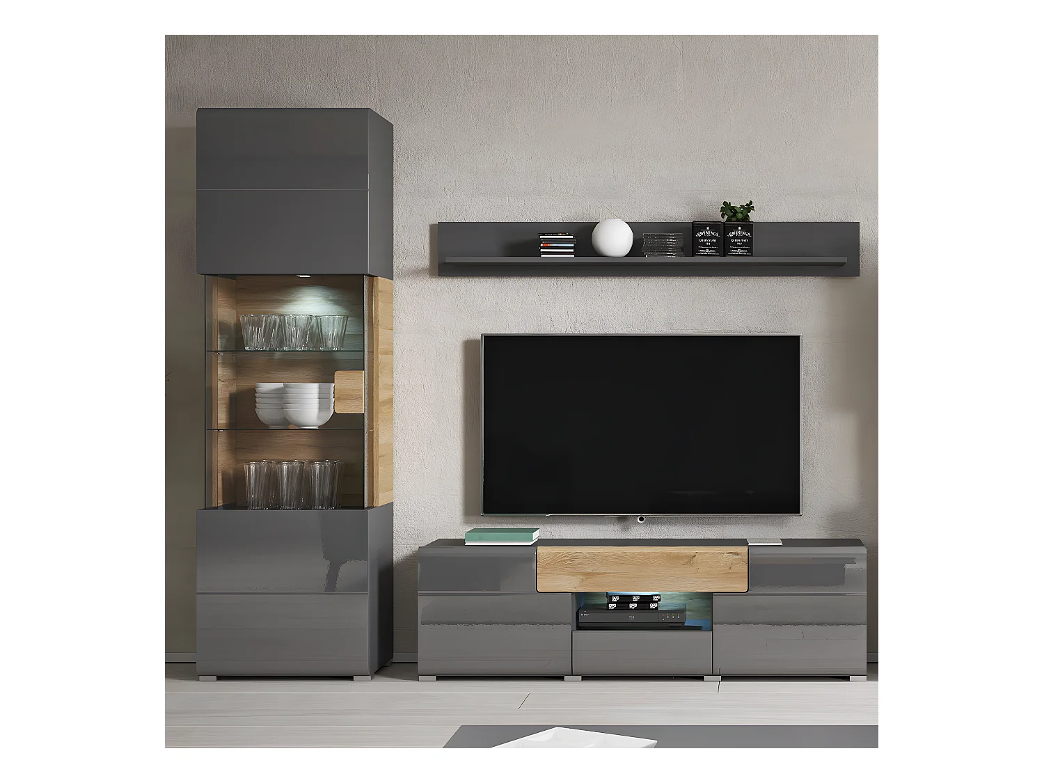 1-deurs vitrinekast met LED Jules Grijs en Hout