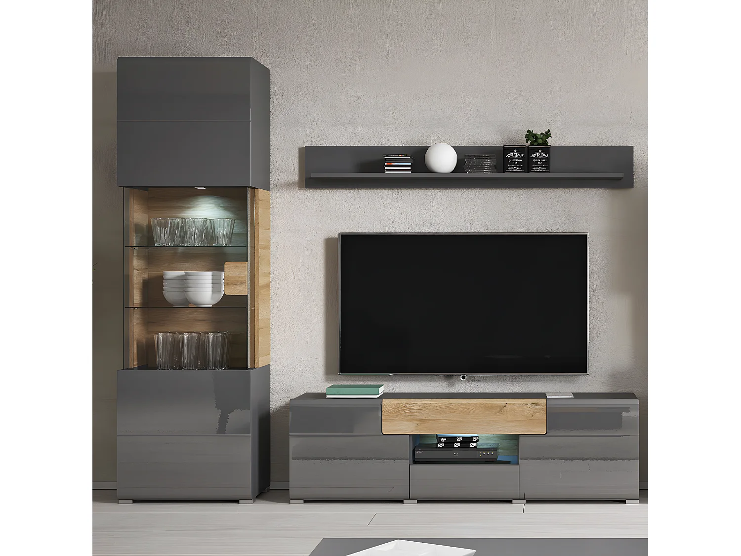 1-deurs vitrinekast met LED Jules Grijs en Hout