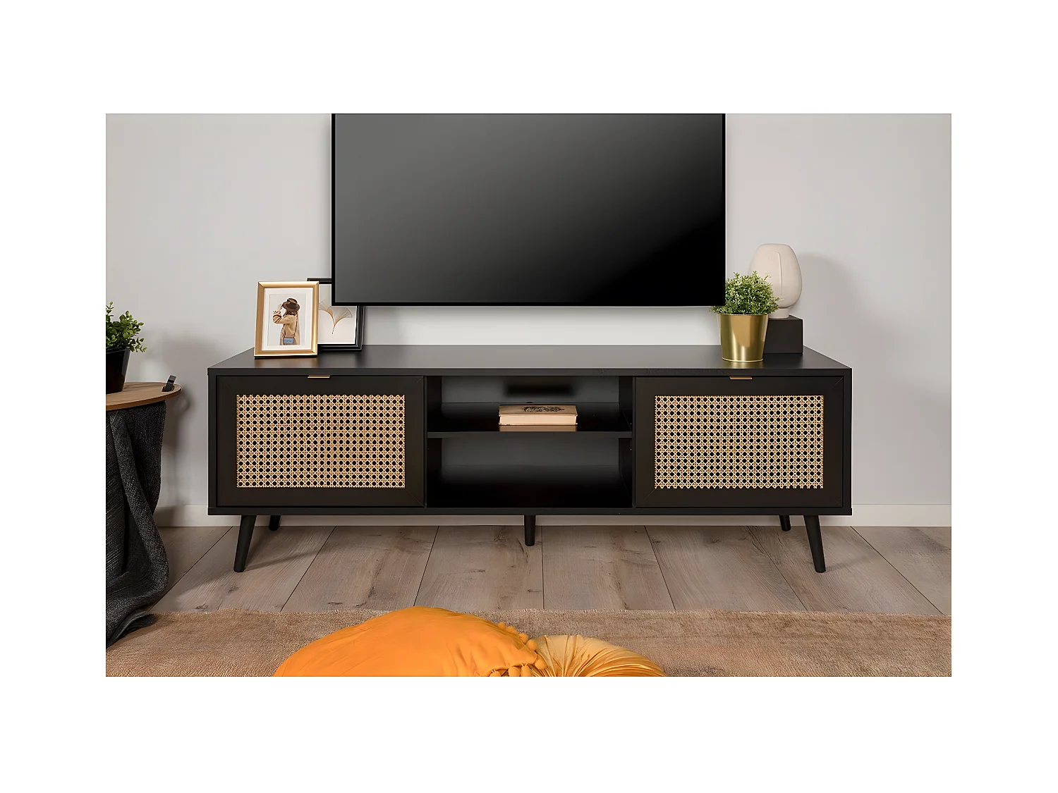 Mobile TV a 2 ante 2 sportelli stampa impagliatura e nero - L70 cm