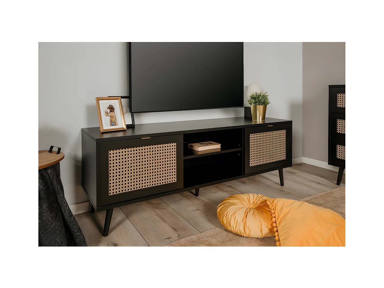 Mobile TV a 2 ante 2 sportelli stampa impagliatura e nero - L70 cm