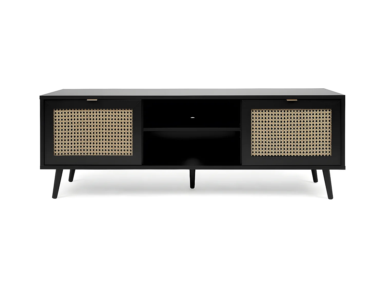 Meuble TV 2 Portes Impression Cannage et Noir L150 x H52 cm - VILLA