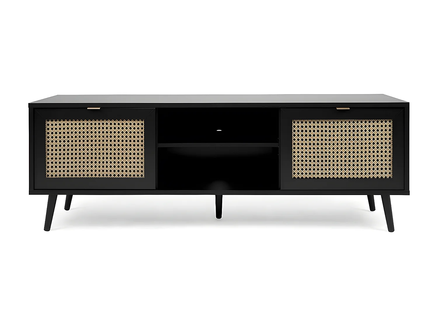 TV-meubel met 2 deuren, 2 neerklapbare fronten, rotanprint en zwart - Villa - L150 x H52 x D40 cm