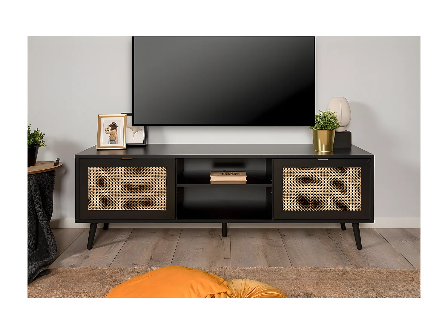 TV-meubel met 2 deuren, 2 neerklapbare fronten, rotanprint en zwart - Villa - L150 x H52 x D40 cm