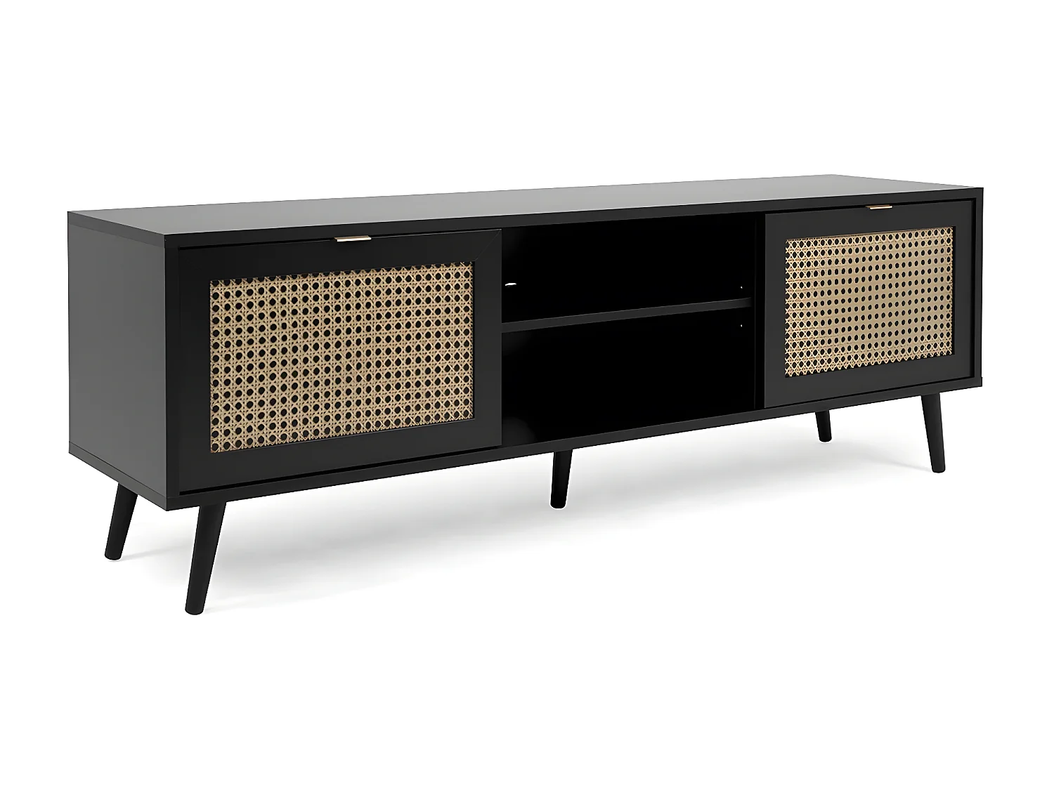 TV-meubel met 2 deuren, 2 neerklapbare fronten, rotanprint en zwart - Villa - L150 x H52 x D40 cm