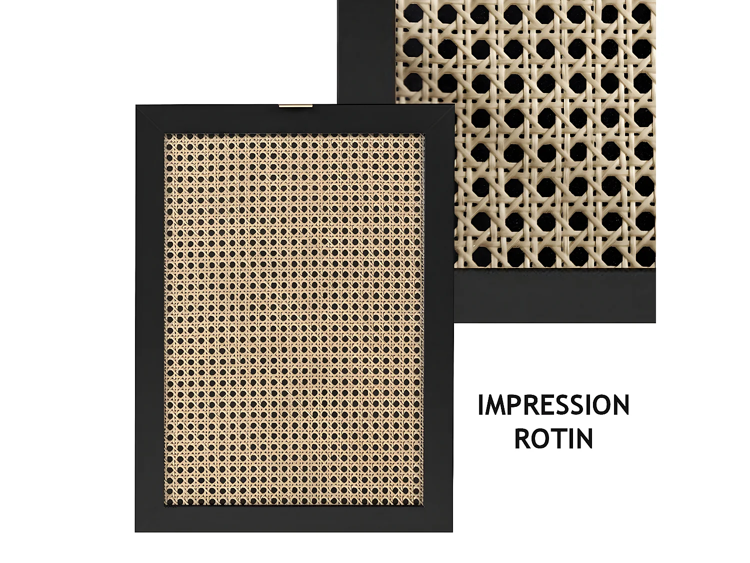 TV-meubel met 2 deuren, 2 neerklapbare fronten, rotanprint en zwart - Villa - L150 x H52 x D40 cm