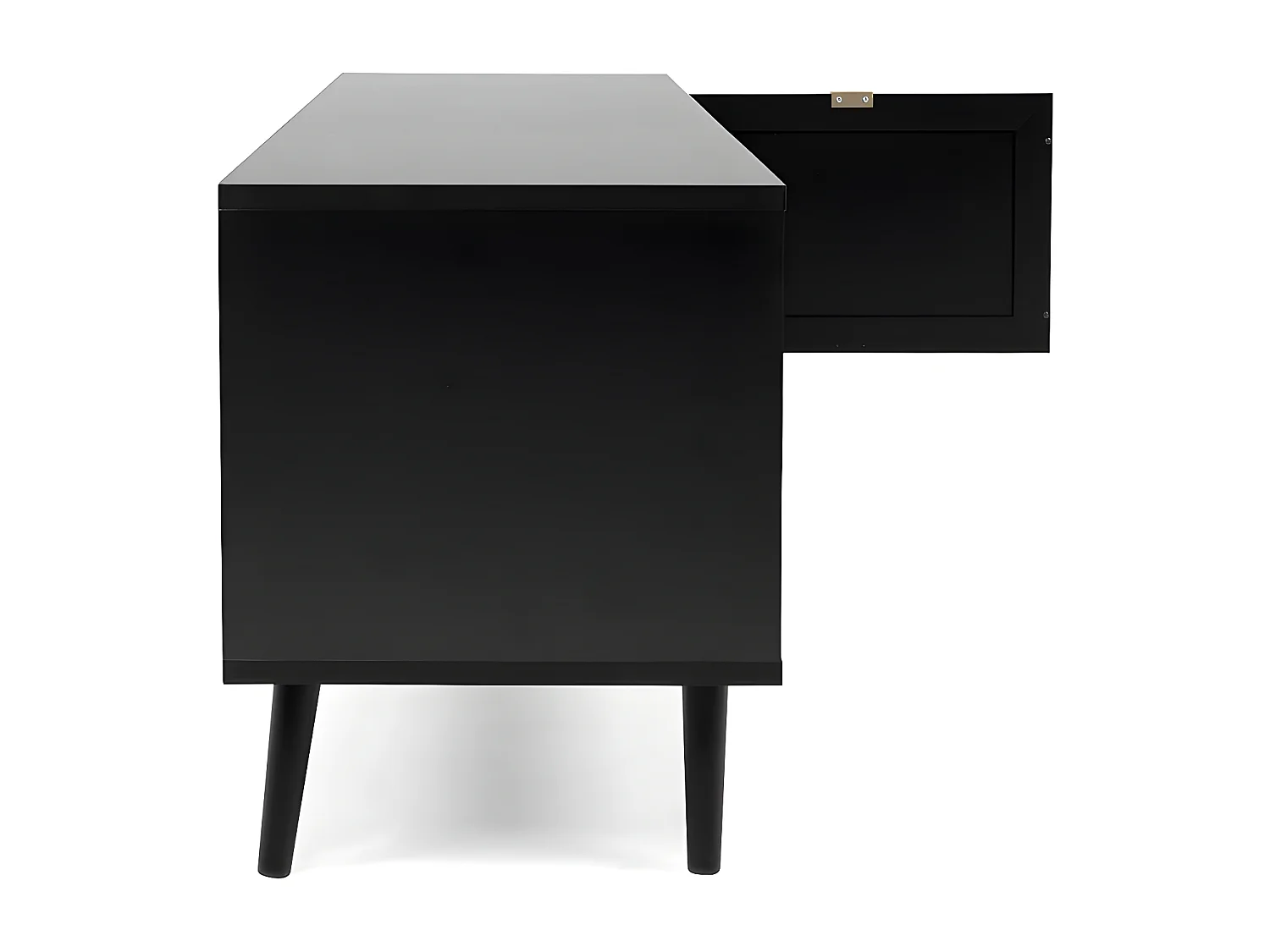 TV-meubel met 2 deuren, 2 neerklapbare fronten, rotanprint en zwart - Villa - L150 x H52 x D40 cm