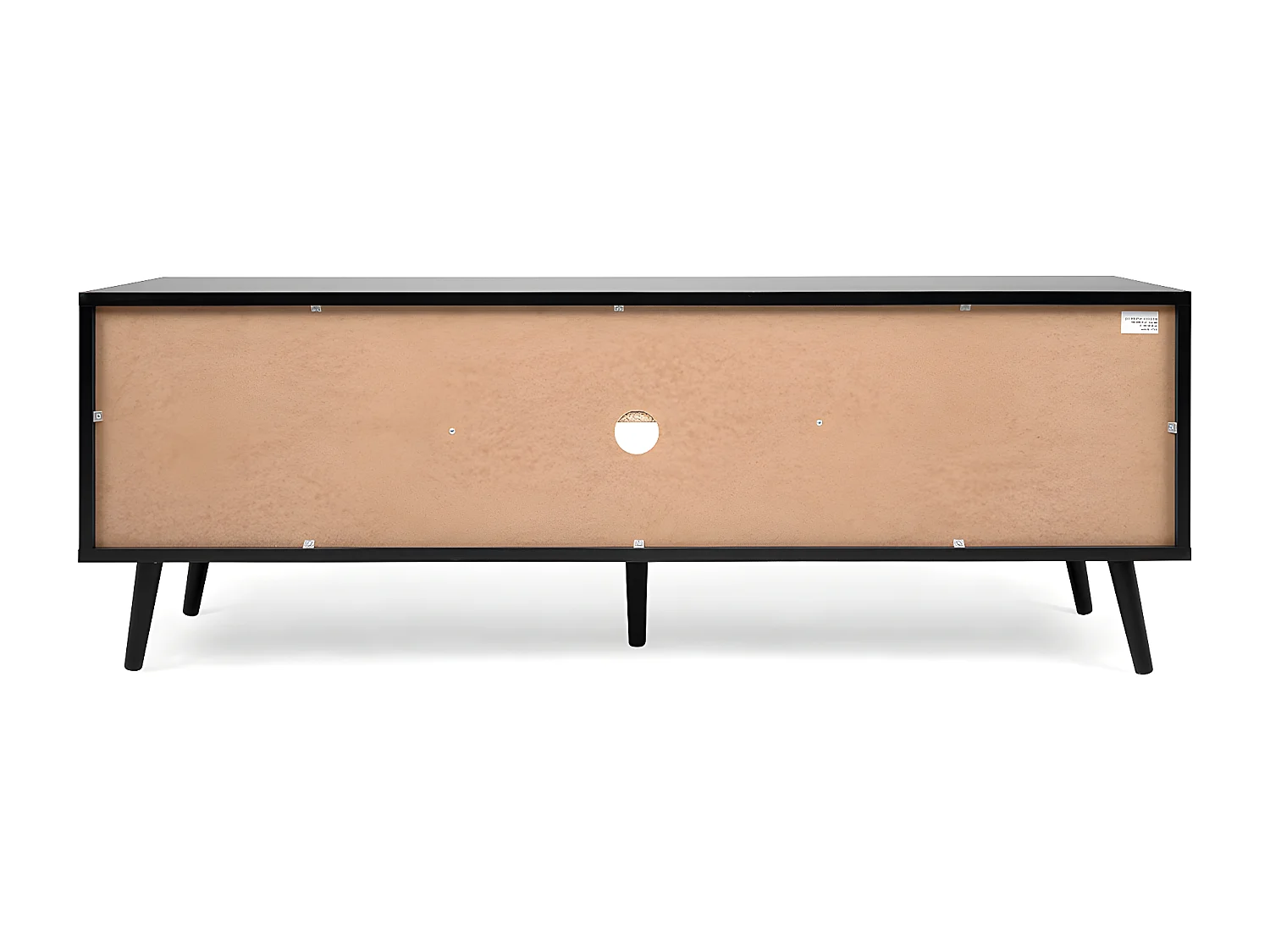 TV-meubel met 2 deuren, 2 neerklapbare fronten, rotanprint en zwart - Villa - L150 x H52 x D40 cm