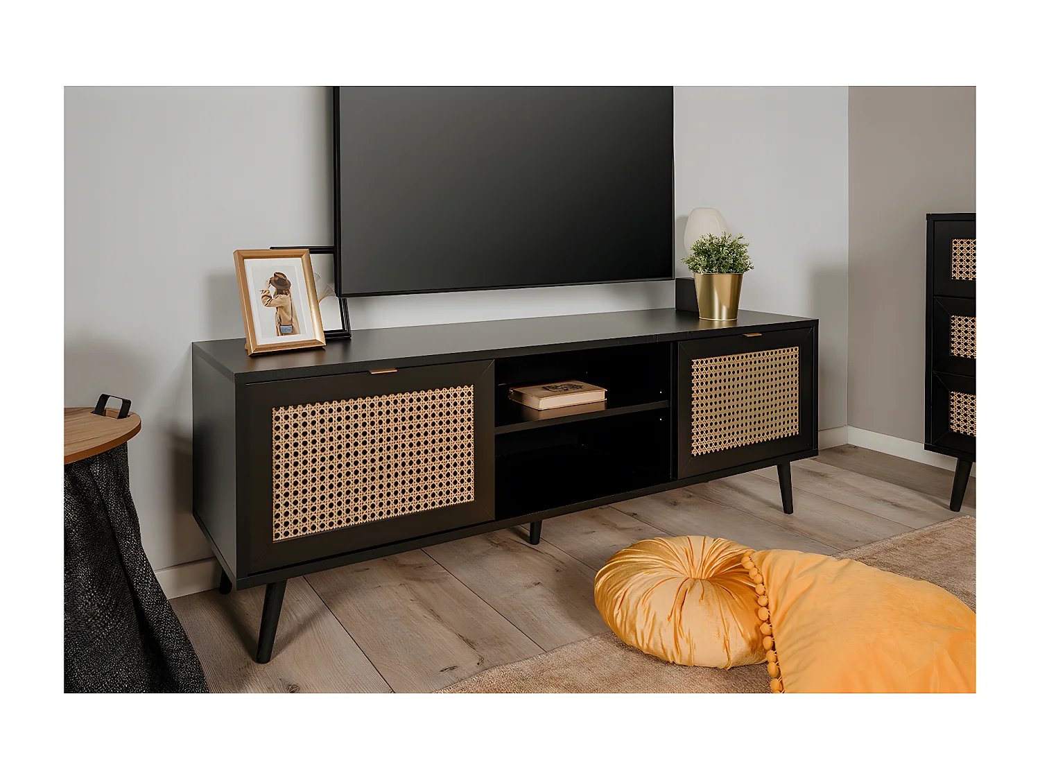 TV-meubel met 2 deuren, 2 neerklapbare fronten, rotanprint en zwart - Villa - L150 x H52 x D40 cm