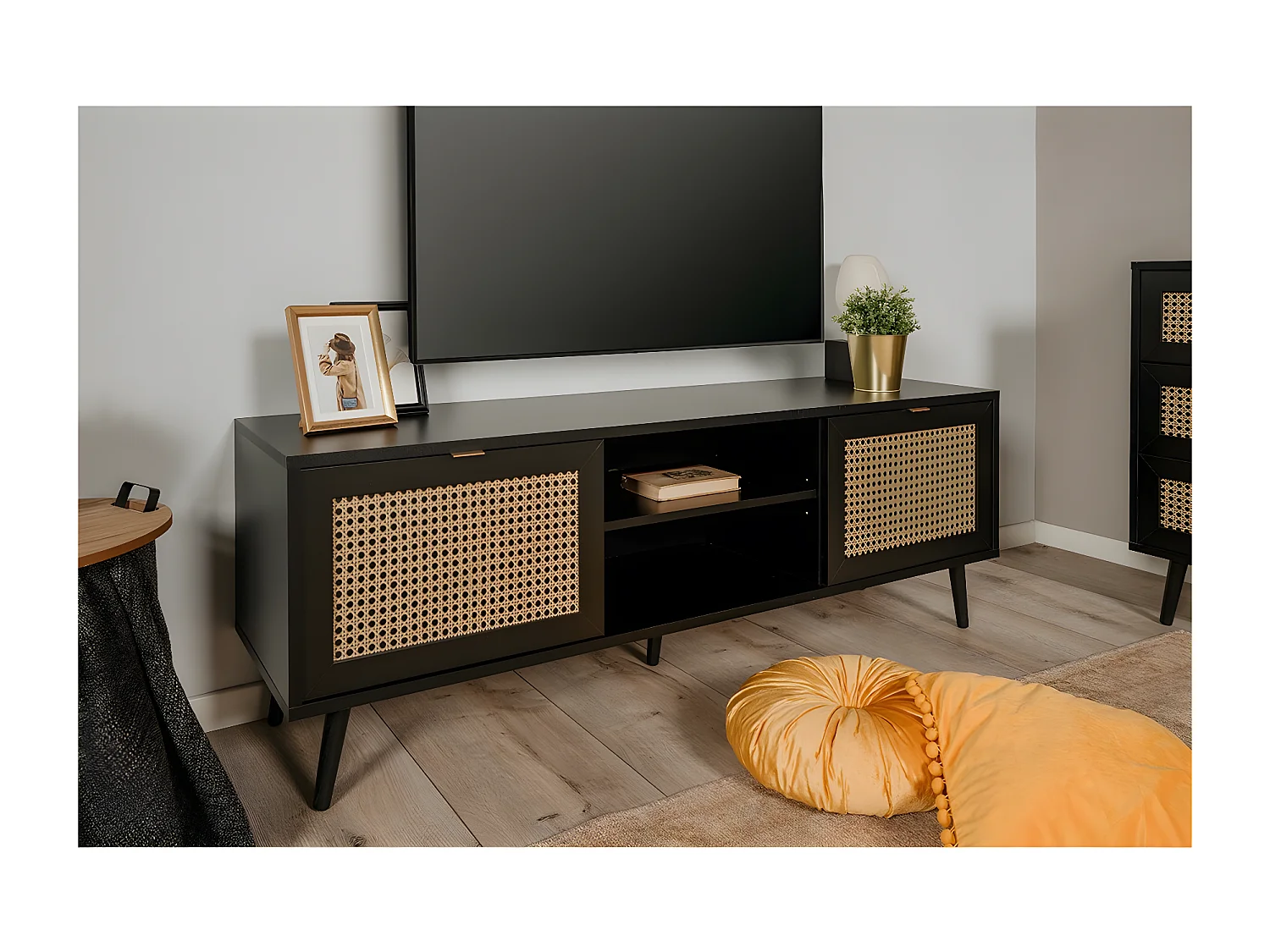 TV-meubel met 2 deuren, 2 neerklapbare fronten, rotanprint en zwart - Villa - L150 x H52 x D40 cm