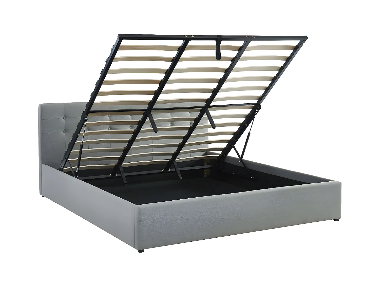 Lit coffre 180x200 en tissu gris clair avec tête de lit et sommier à lattes - Tina