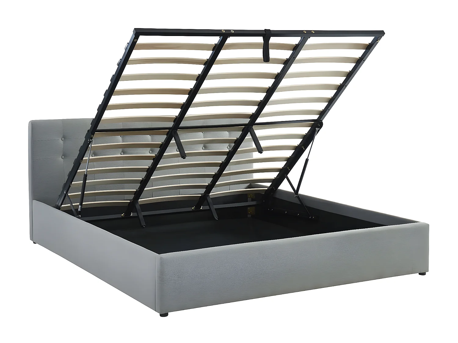 Lit coffre 180x200 en tissu gris clair avec tête de lit et sommier à lattes - Tina