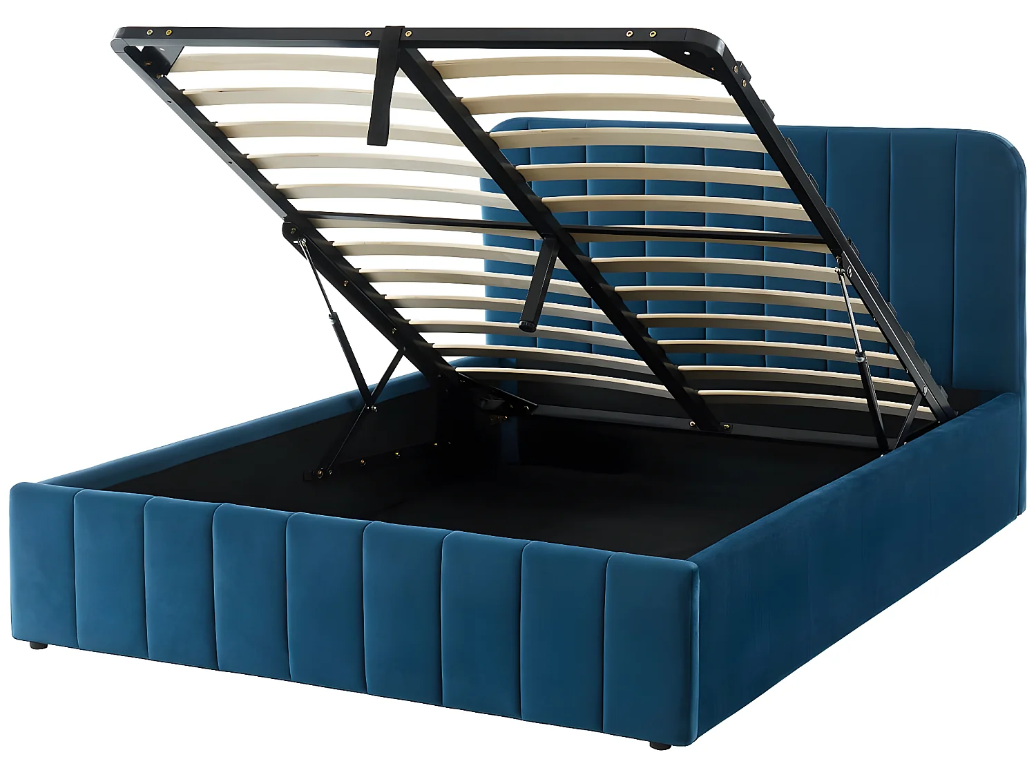 Lit coffre 140x190cm en velours bleu canard avec tête de lit + sommier à lattes - Ava