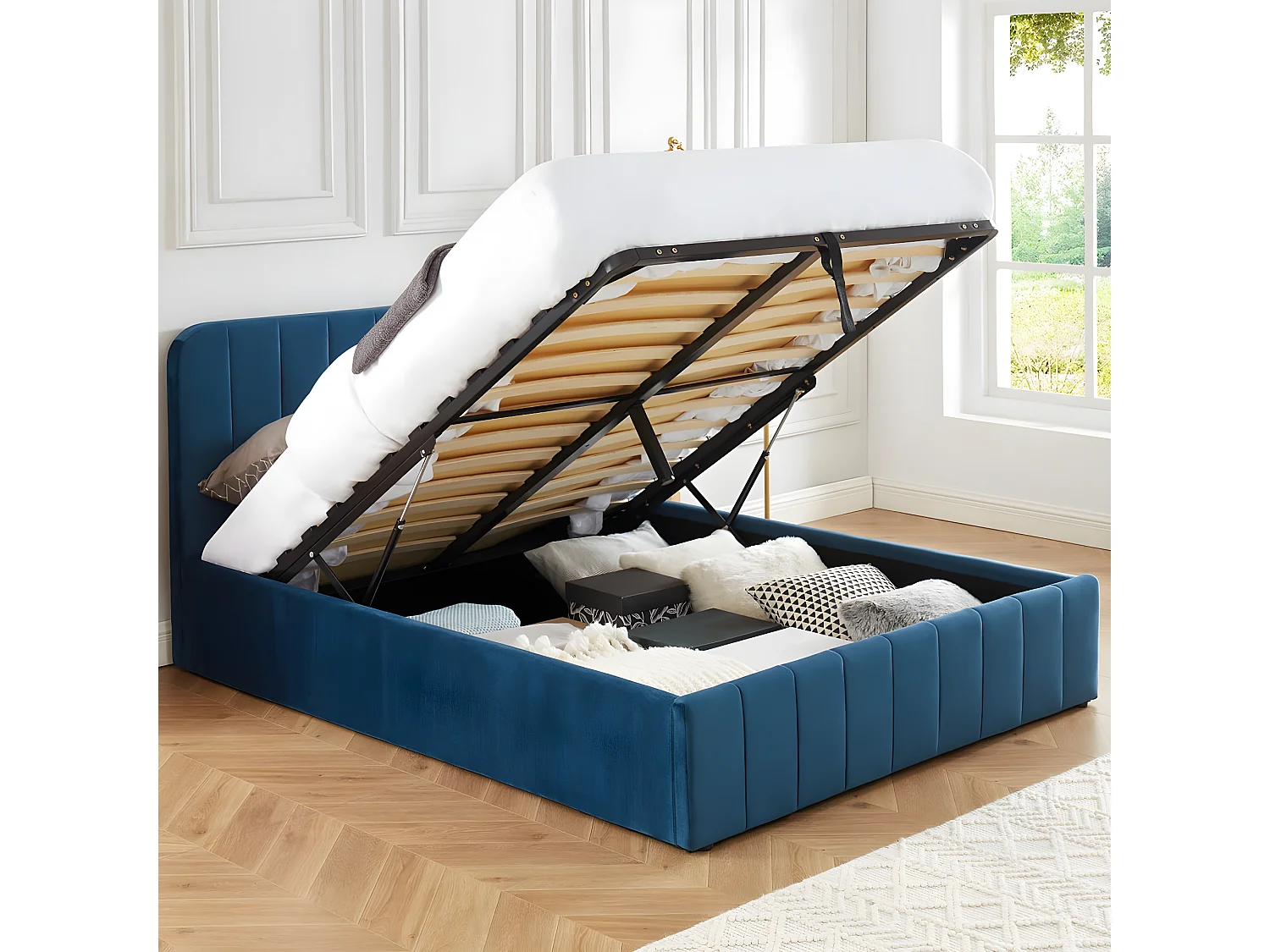 Lit coffre 140x190cm en velours bleu canard avec tête de lit + sommier à lattes - Ava