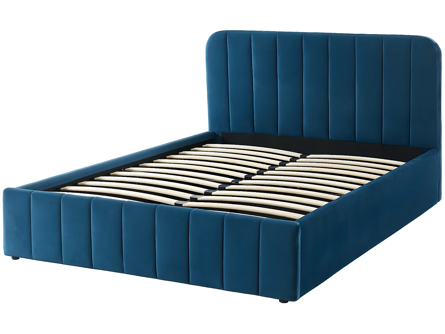 Lit coffre 140x190cm en velours bleu canard avec tête de lit + sommier à lattes - Ava