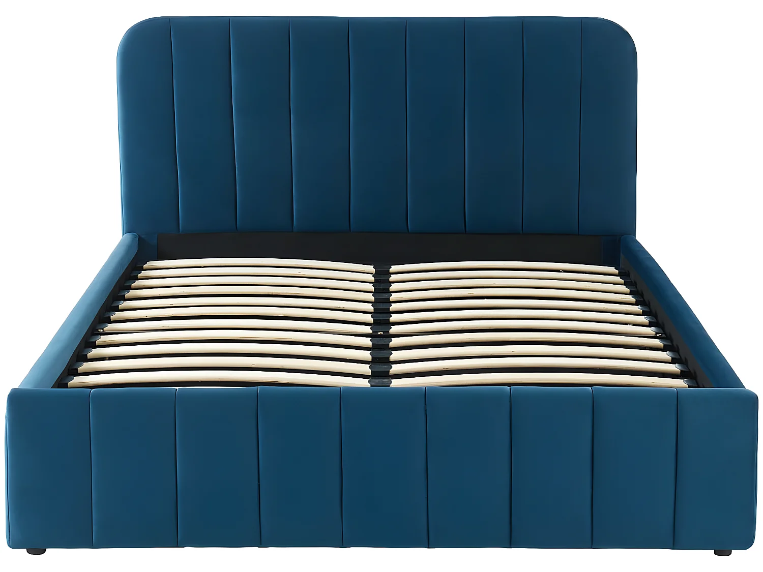 Lit coffre 140x190cm en velours bleu canard avec tête de lit + sommier à lattes - Ava