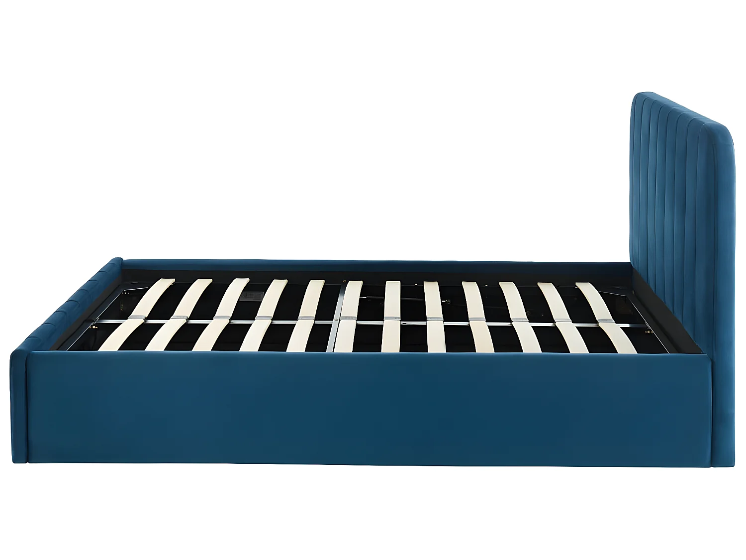 Lit coffre 140x190cm en velours bleu canard avec tête de lit + sommier à lattes - Ava