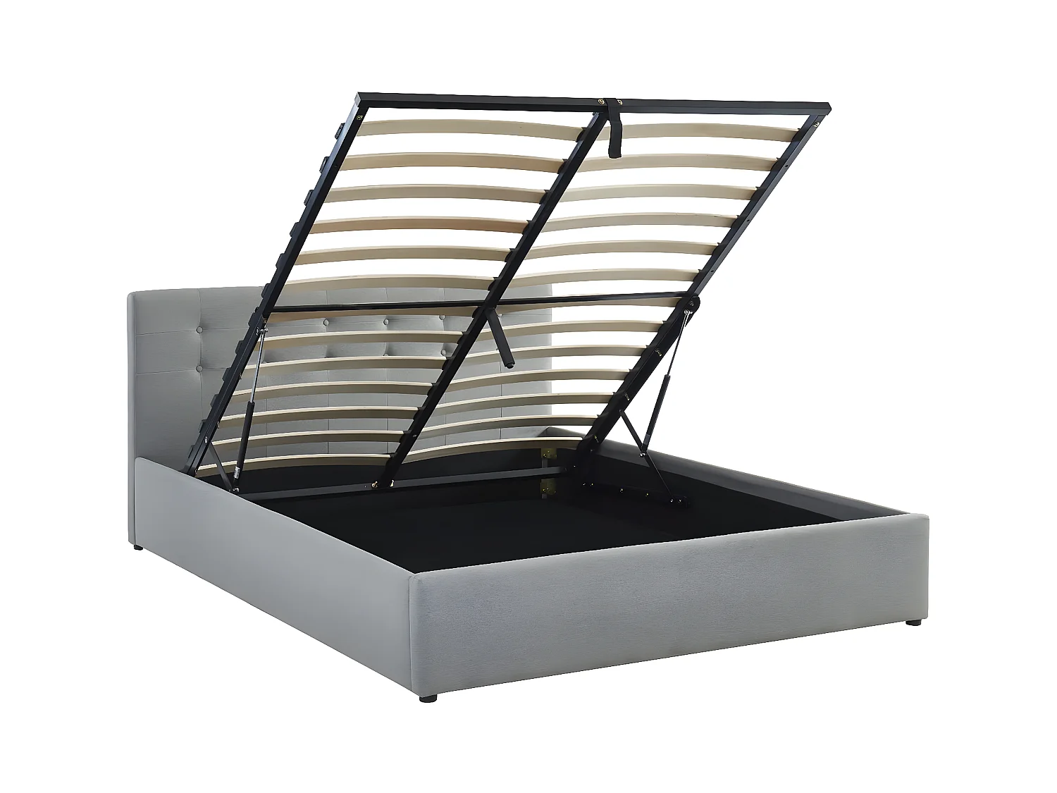 Lit coffre 160x200 en tissu gris clair avec tête de lit et sommier à lattes - Tina