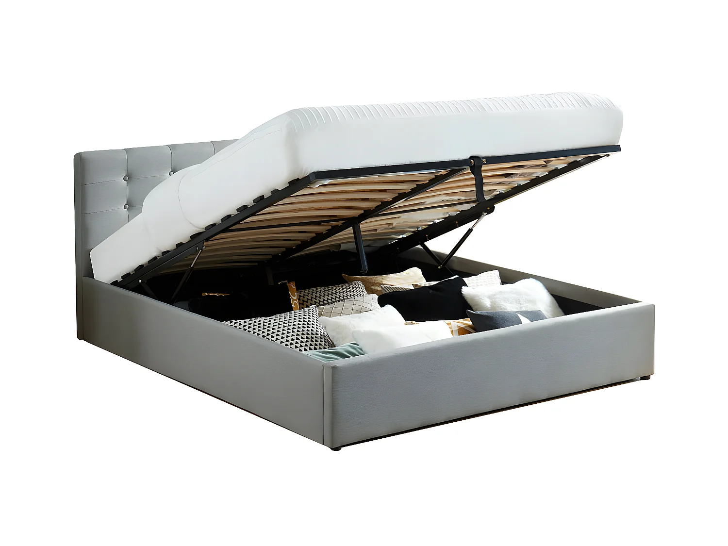 Lit coffre 160x200 en tissu gris clair avec tête de lit et sommier à lattes - Tina