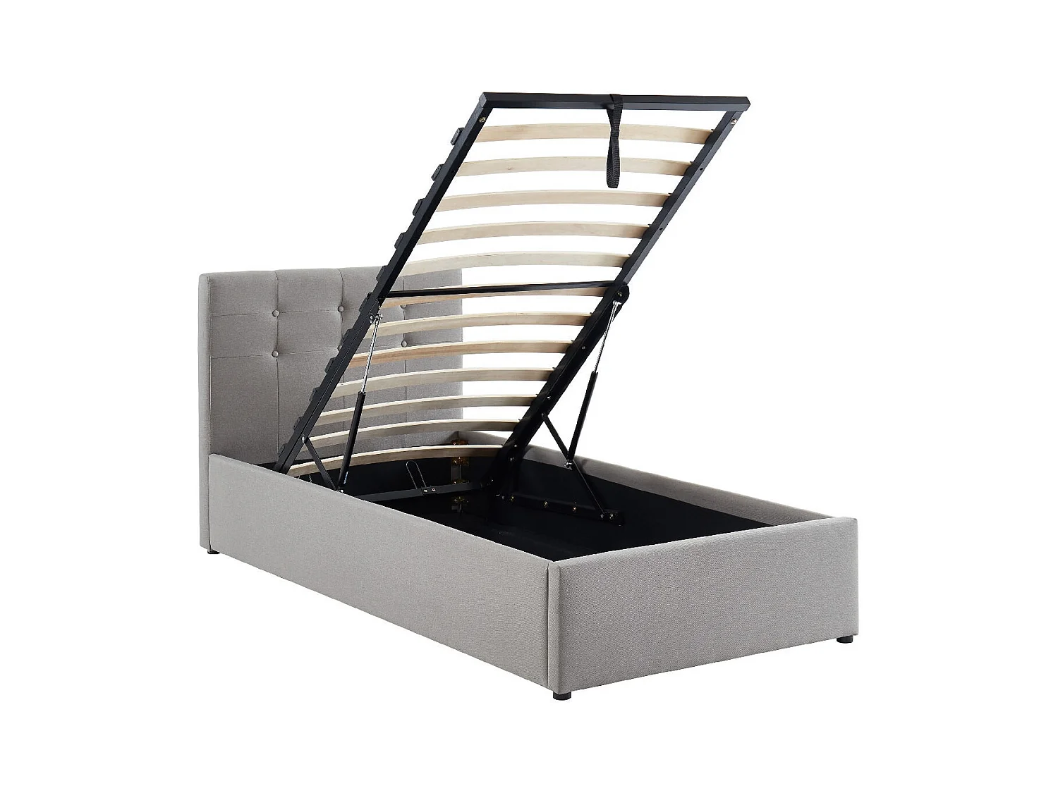 Lit coffre enfant 90x190 en tissu gris clair avec tête de lit, sommier à lattes et rangement - Tina
