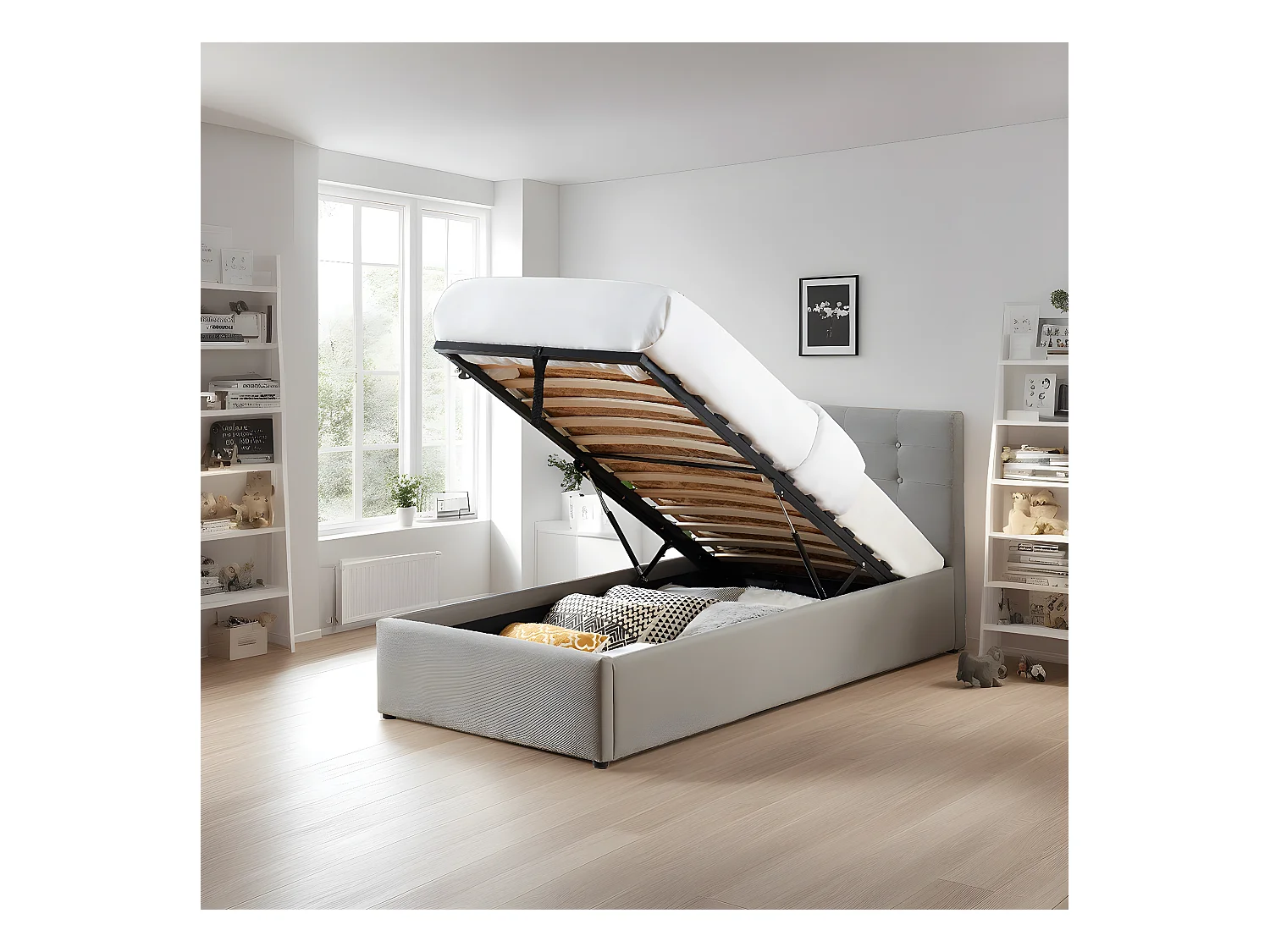 Lit coffre enfant 90x190 en tissu gris clair avec tête de lit, sommier à lattes et rangement - Tina