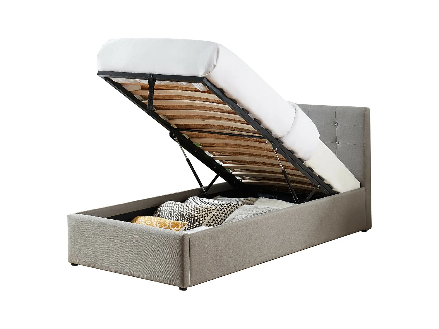 Lit coffre enfant 90x190 en tissu gris clair avec tête de lit, sommier à lattes et rangement - Tina