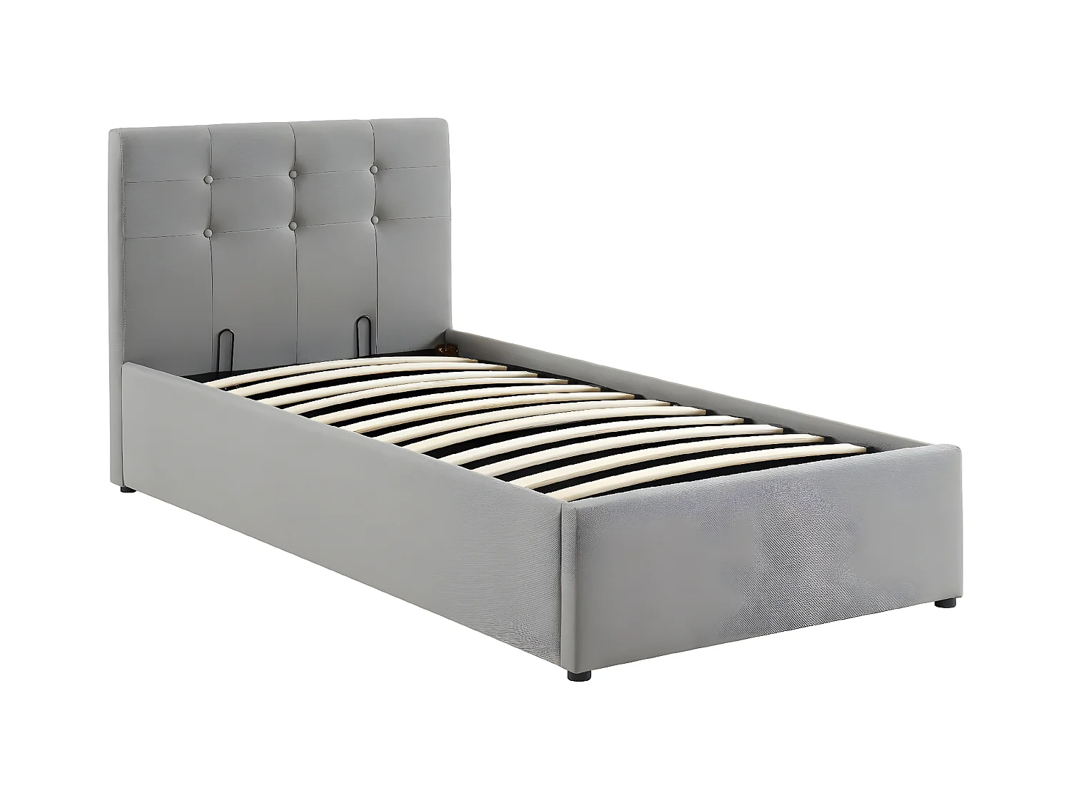 Lit coffre enfant 90x190 en tissu gris clair avec tête de lit, sommier à lattes et rangement - Tina