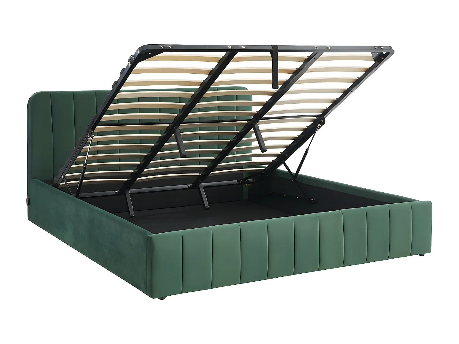 Lit coffre 180x200 cm en velours vert avec tête de lit + sommier relevable à lattes - Ava